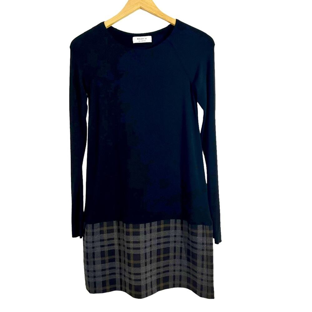 Bailey 44 Black With Gray, Black, Beige Plaid Hem Long Sleeve Dress, Size Small